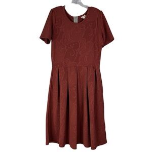 LulaRoe Amelia Dress Women’s 2X Rust Red Jacquard Knit Pleated Stretch Pockets